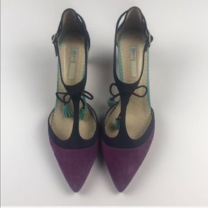 Boden Alice T-Strap Tasseled Heels. Purple & Navy.